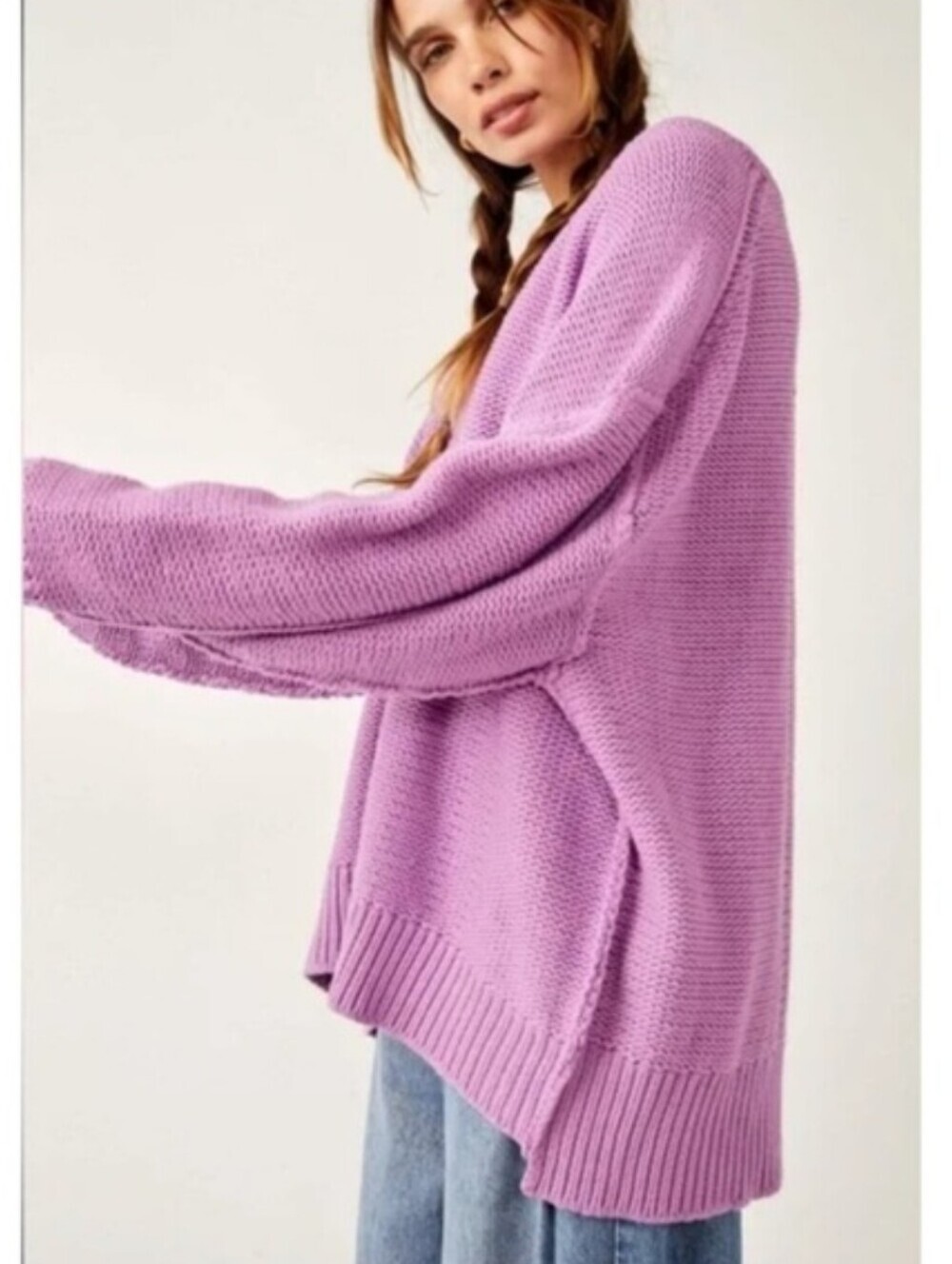 Free People Alli V-Neck Heavy Chunky Knit Oversized Purple Pullover Size:L - Picture 4 of 8